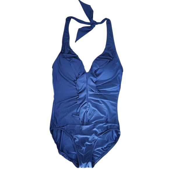 Miraclesuit‎ One Piece Halter Swimsuit 10 Navy Beach Vacation Resortwear Retro - Picture 1 of 4